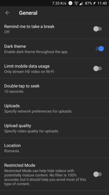 dark mode android youtube