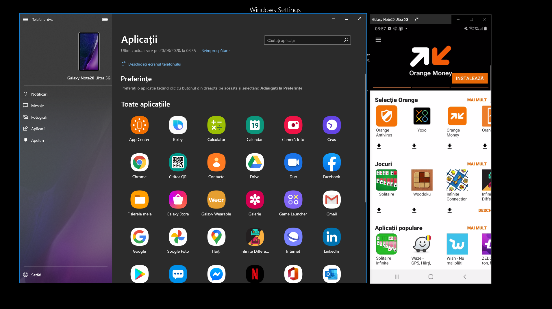 aplicatii windows android note 20 ultra