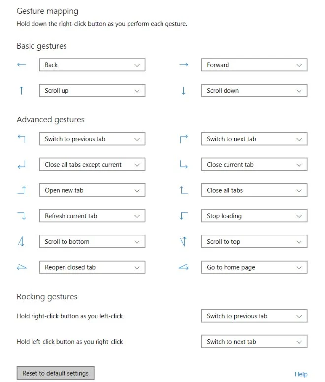 mouse gestures settings